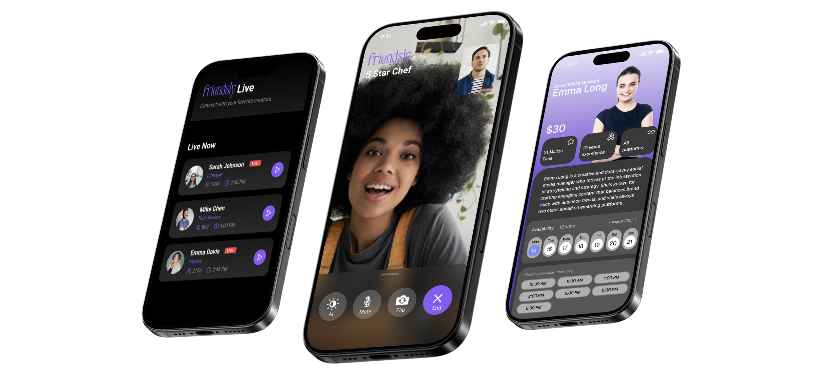 Friendsly app screens showing live creator calls